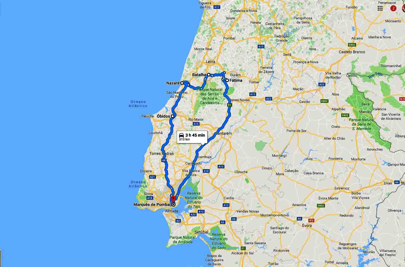 Mapa do percurso - Fátima Batalha Nazaré e Óbidos