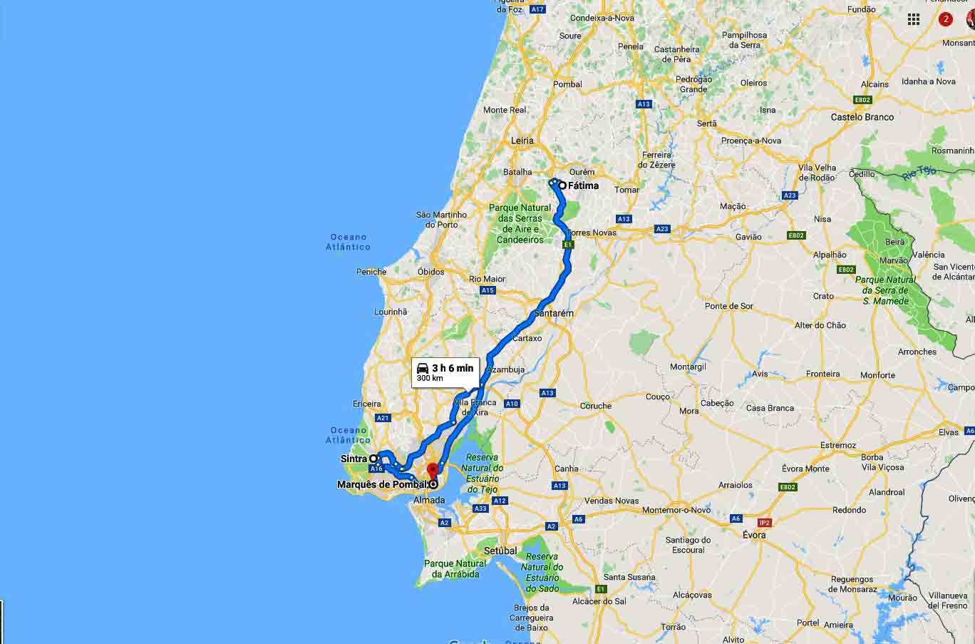 Mapa do percurso - Passeio a Fátima e Sintra