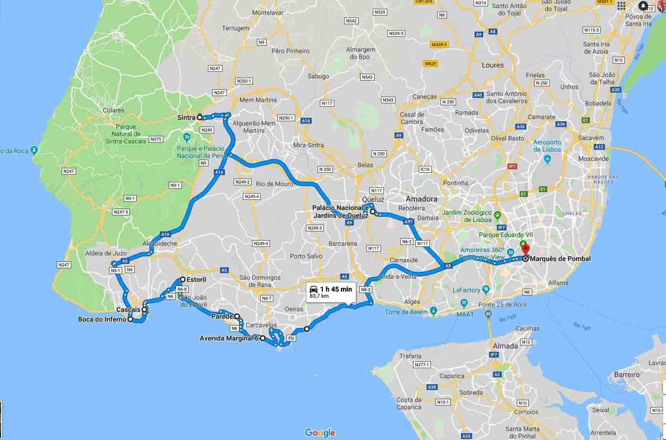 Mapa do percurso - Passeio a Sintra 4h