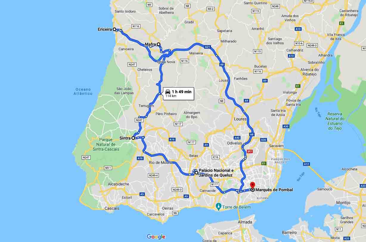 Mapa do percurso - Passeio a Sintra e Mafra