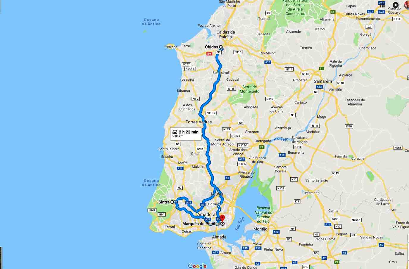 Mapa do percurso - Passeio a Sintra e Óbidos