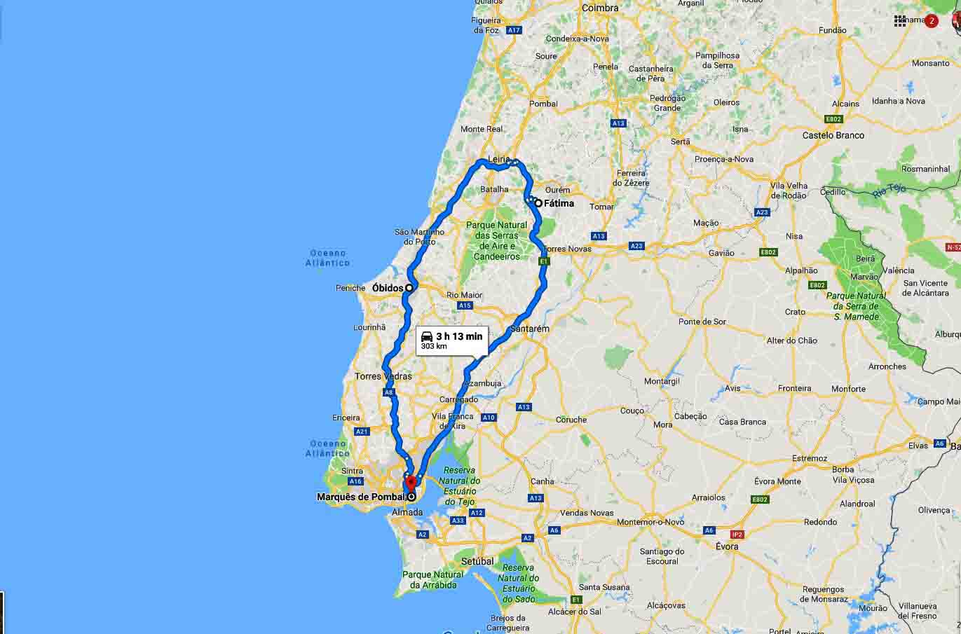 Mapa do percurso - Passeio Fátima e Óbidos