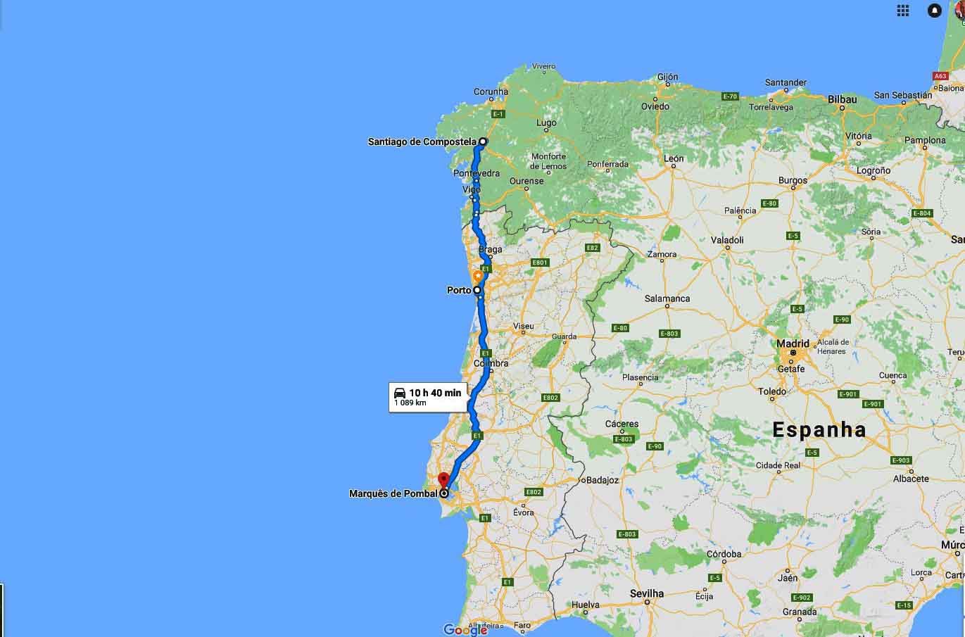 Mapa do percurso - Passeio Porto Santiago de Compostela