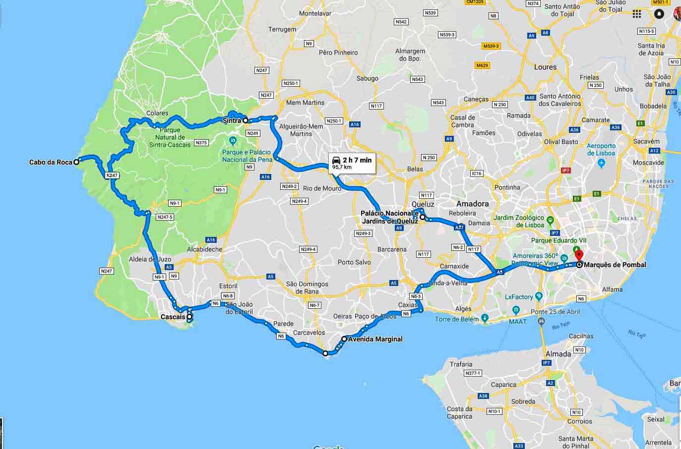 Mapa do percurso - Passeio Sintra Cascais Estoril
