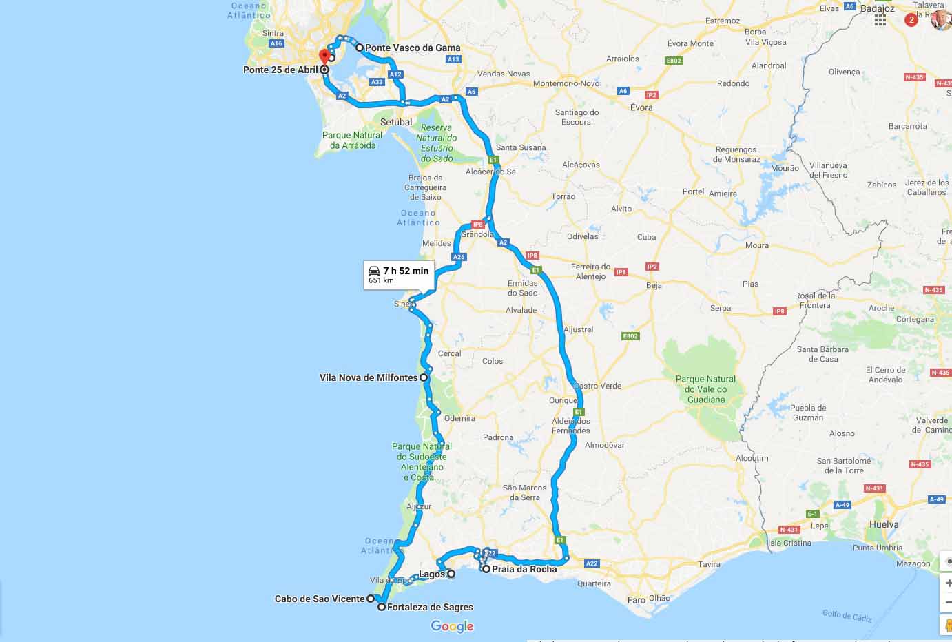 Mapa do percurso - Tour Algarve Praia da Rocha Lagos Sagres