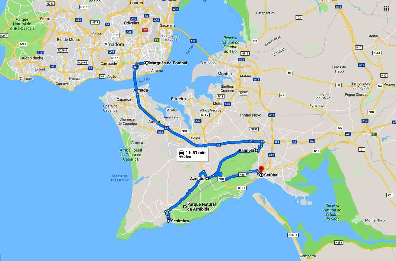 Mapa do percurso - Tour Azeitão Palmela Sesimbra Arrábida Setúbal