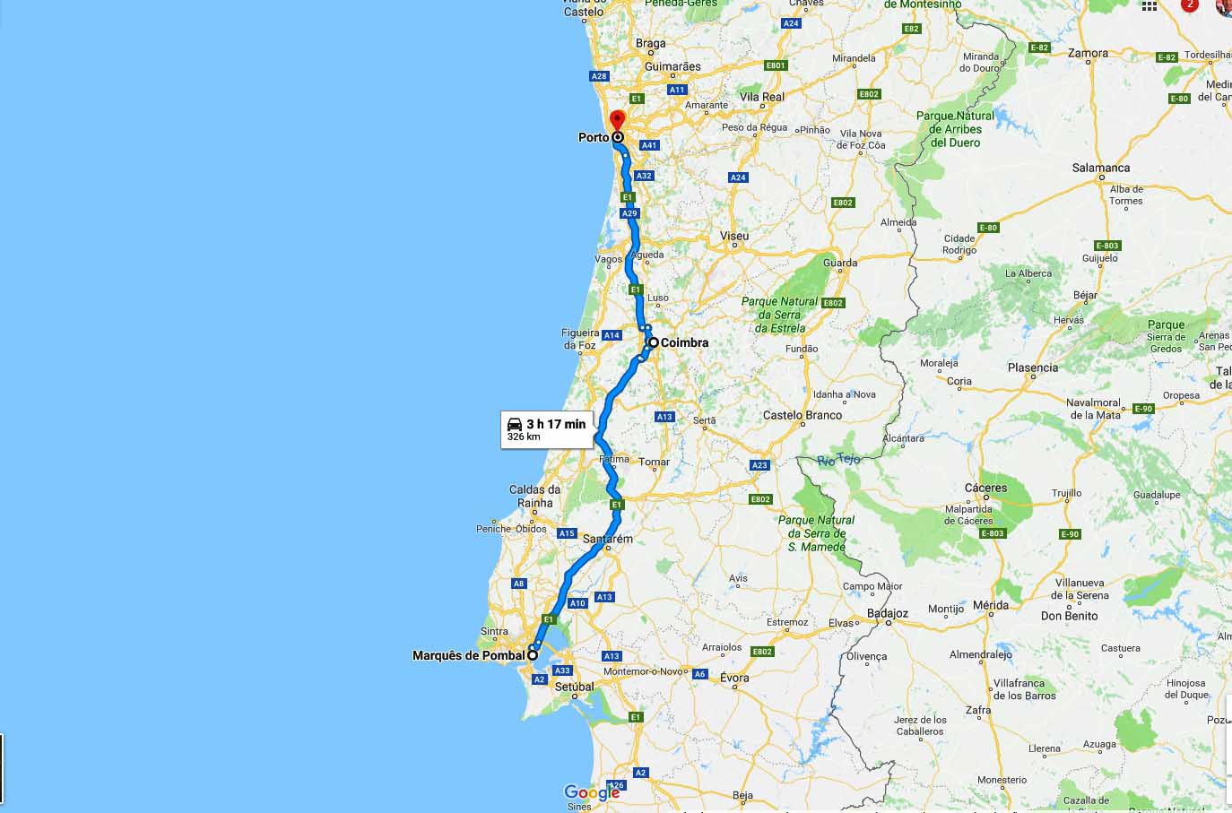 Mapa do percurso - Tour Coimbra e Porto