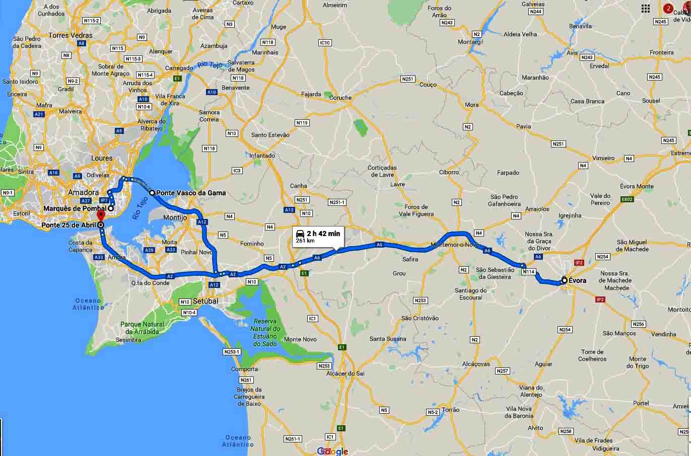 Mapa do percurso - Tour Évora e Monsaraz