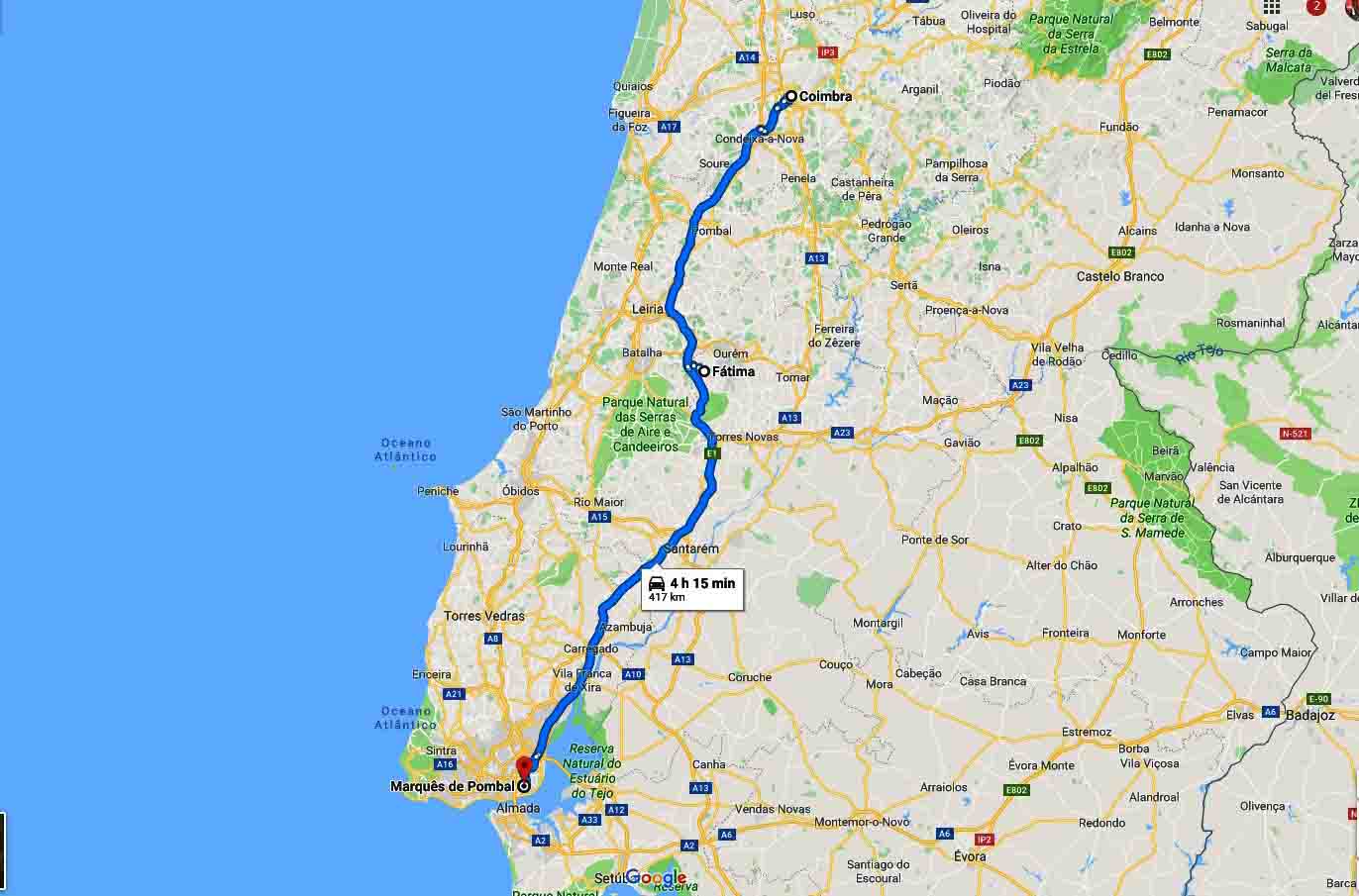 Mapa do percurso - Tour Fátima e Coimbra