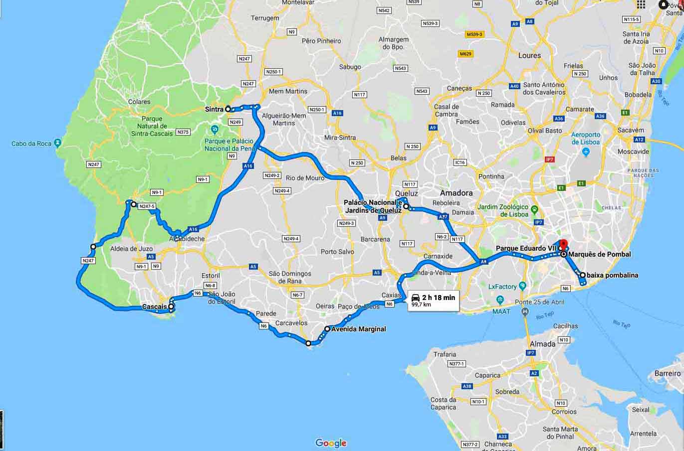 Mapa do percurso - Tour Lisboa Sintra