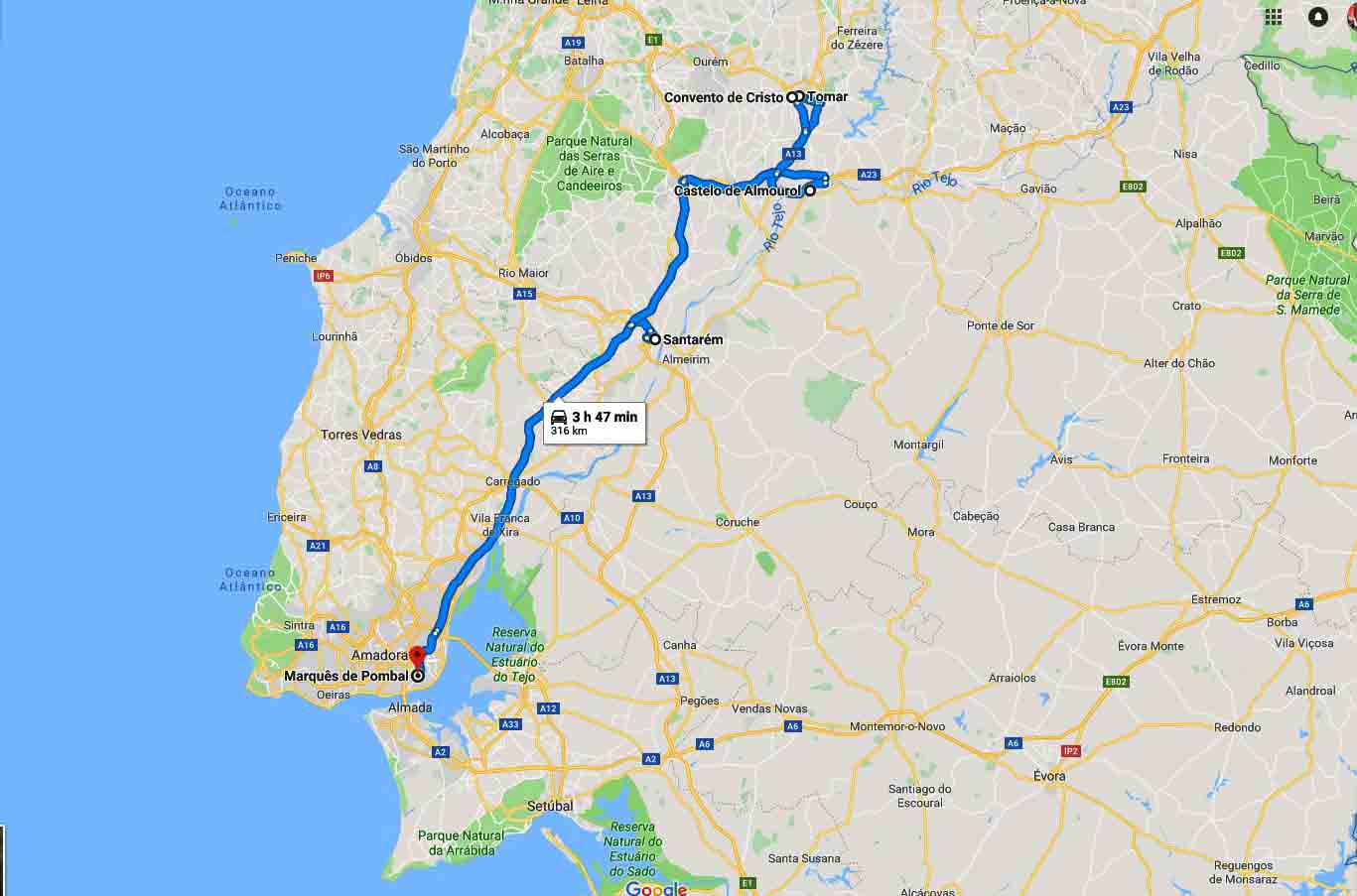 Mapa do percurso - Tour Templários em Portugal